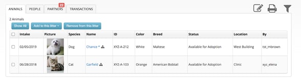 An animal list filtered to two bonded animals, Chance the Maltese dog and Garfield the American Bobtail cat, each showing intake date, ID, color, and breed