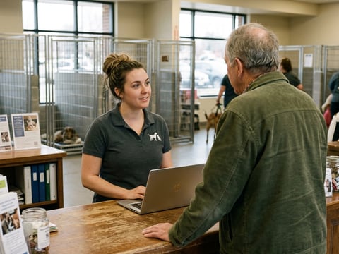 A shelter staff member helping an adopter at the front desk