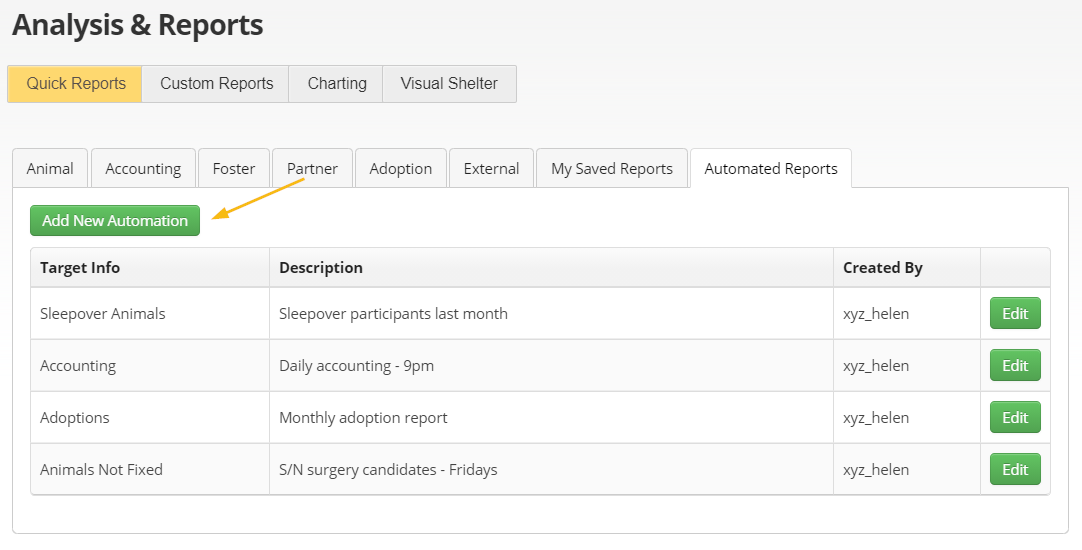 The Analysis and Reports screen with an orange arrow pointing to the green Add New Automation button, above a list of scheduled reports and how often each one runs