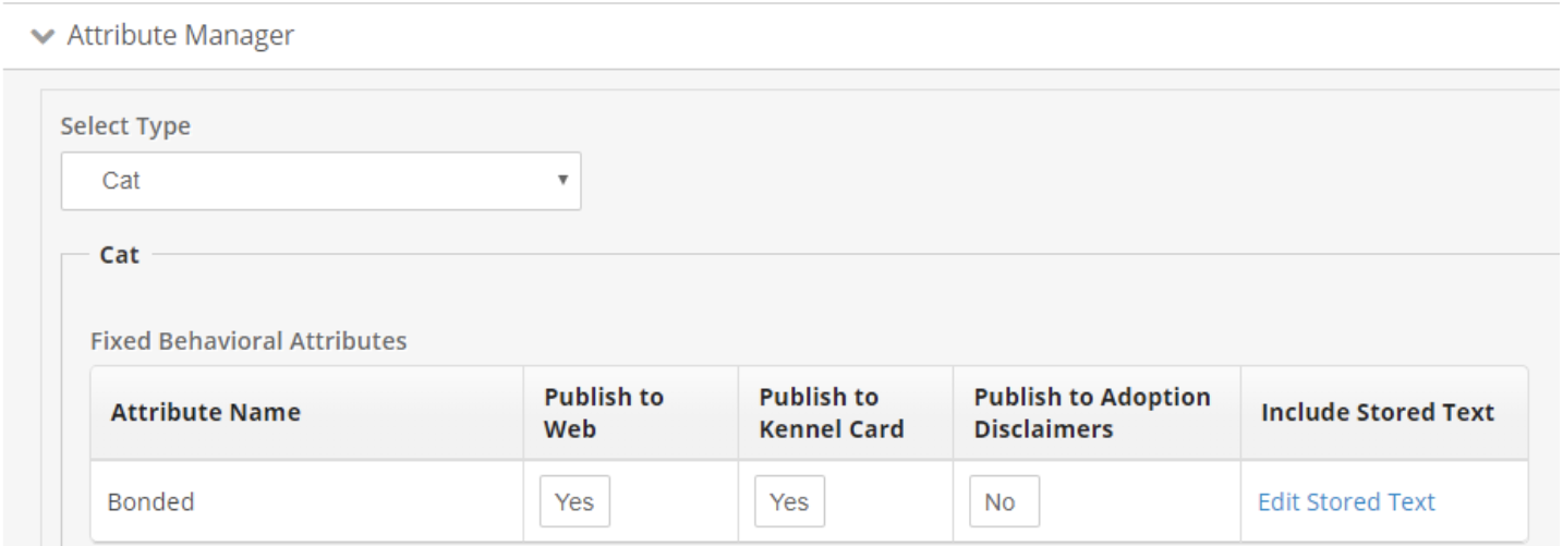 The Attribute Manager in Configurations, showing a Bonded attribute for cats set to publish to the web and kennel card but not to adoption disclaimers