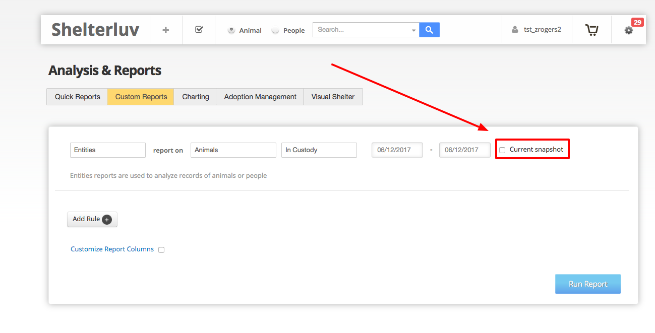 The Custom Reports tab under Analysis and Reports, with a red arrow pointing to the Current Snapshot checkbox in the report builder