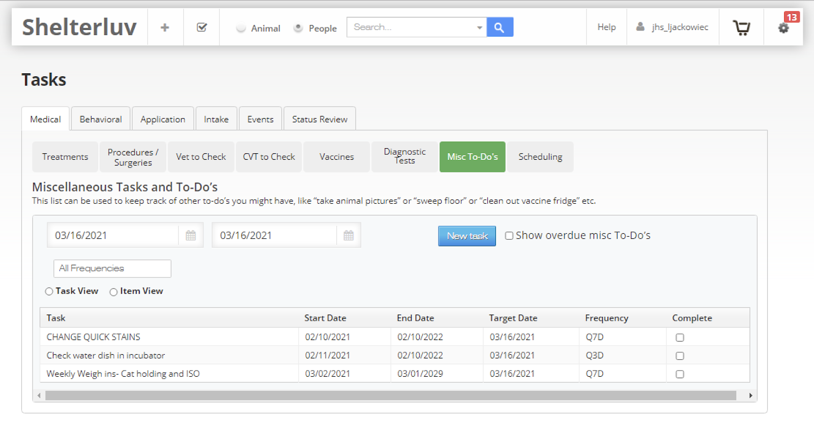 The Shelterluv Tasks screen on the Miscellaneous Tasks and To-Dos tab, with a date range filter above a task list showing start date, end date, target date, frequency, and a complete checkbox