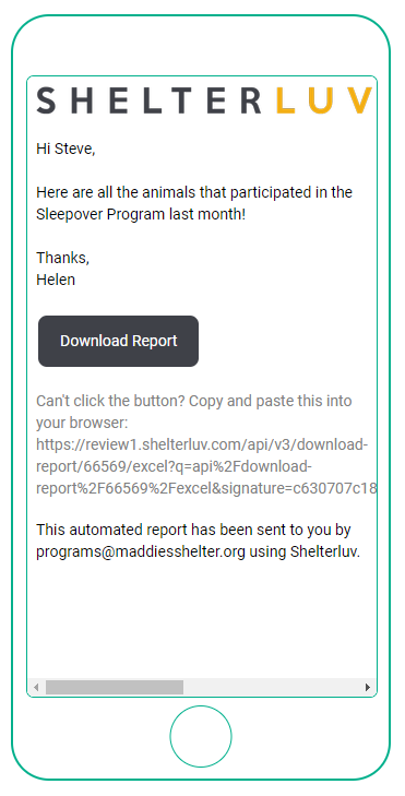 An automated Shelterluv report email on a phone, with a Download Report button and a note explaining the report was scheduled from the reporting tool