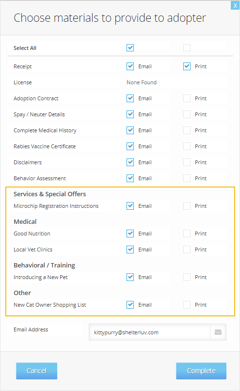 The Choose materials to provide to adopter window, where staff check off which documents to include and pick email or print for each one